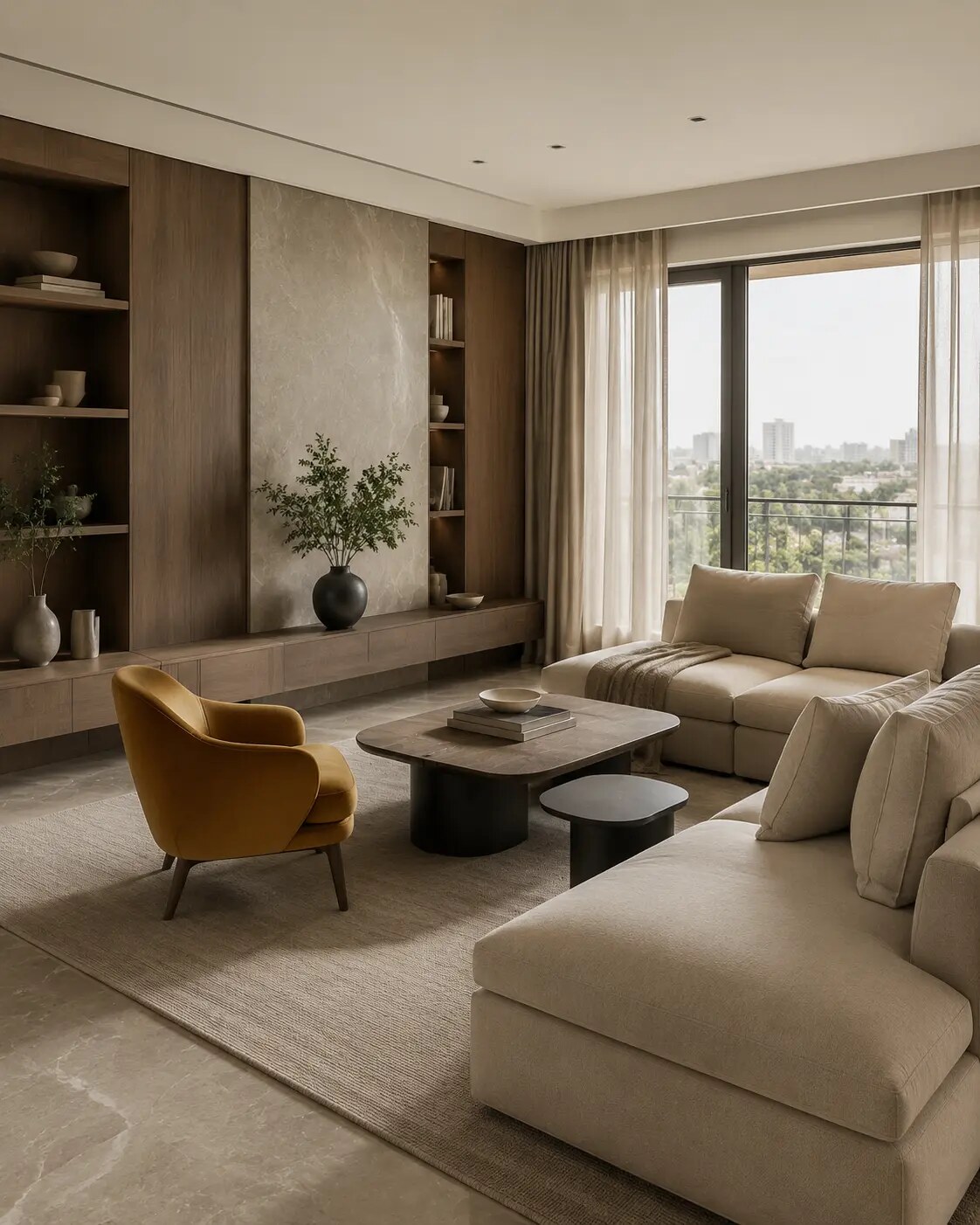 Warm contemporary living room designed by Inoa Living